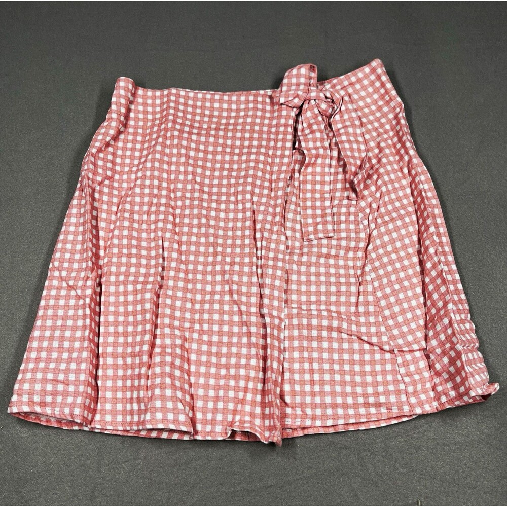 Cotton On Women's S/P Pink & White Gingham Wrap Mini Skirt Button Tie